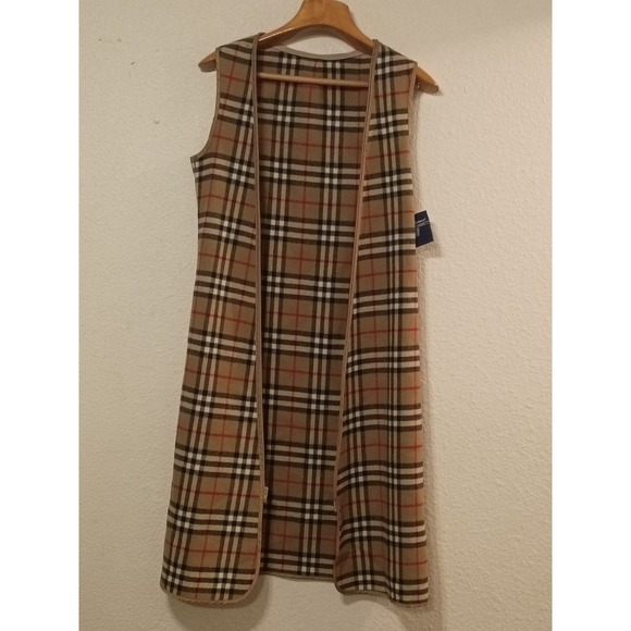 Burberrys Vintage Nova Check Wool Liner Vest Tan Plaid Sleeveless Jacket women L - Picture 5 of 11
